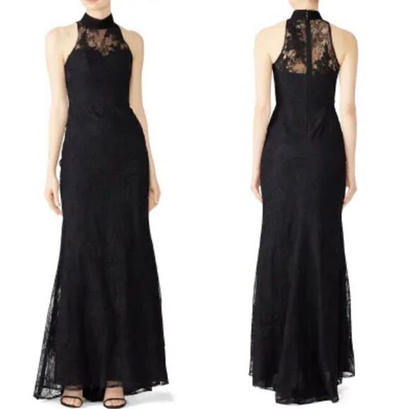 BADGLEY MISCHKA Dress Womens 10 Black Lace Column Gown Sleeveless Halter - Picture 1 of 9